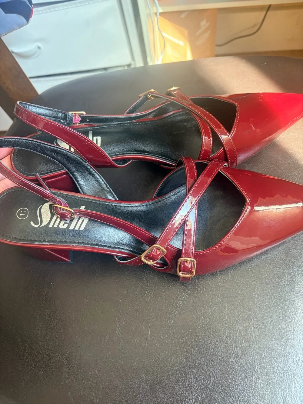 SHEIN Burgundy Patent Slingback Block Heel Pumps with Gold Buckles